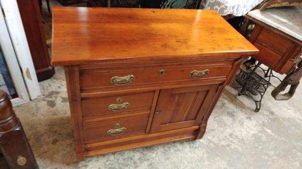 Antique Solid Cherry Wash Stand Side Table With Cabinet And