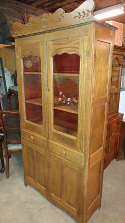 Antique Tall Oak Early Kitchen Cupboard China Cabinet Long
