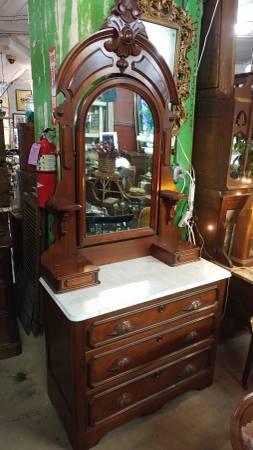 Antique Victorian Walnut Dresser Marble Top With Large Mirror