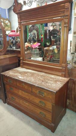 Antique Large Dresser W Mirror And Marble Top Eastlake Walnut