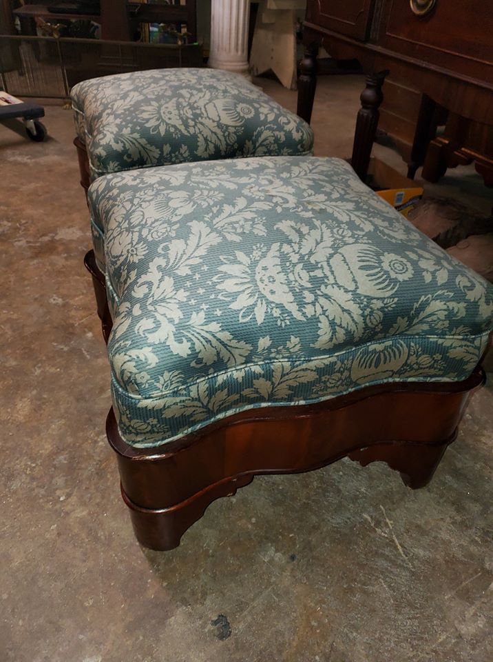 2 Antique Matching Ottomans / Footstools Flame Mahogany NICE Long