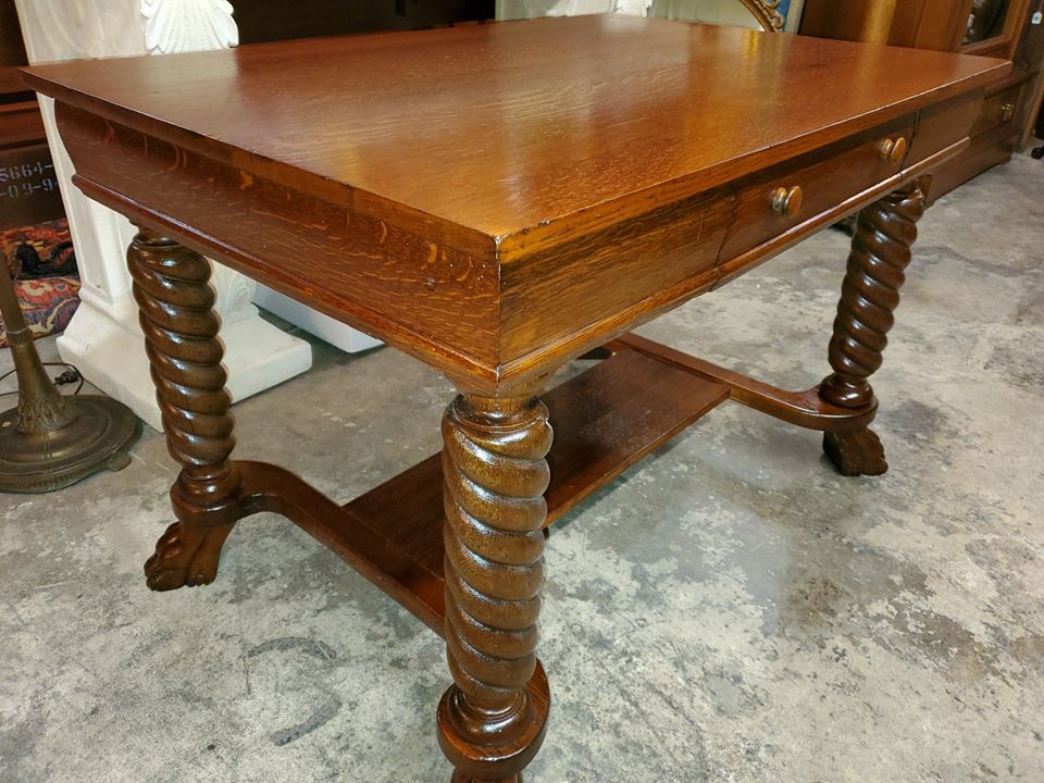 Antique Oak Library Table / Writing Desk Claw Feet Beautiful Long