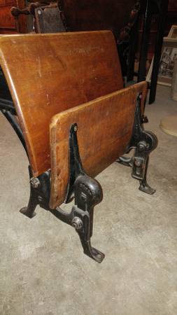 Antique Iron Base School Desk Folding Seat Beautiful Long