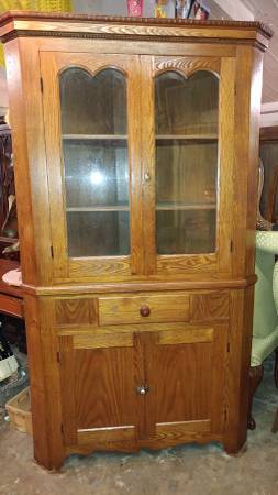 Large Oak Antique Corner Cupboard China Cabinet Old Glass Long