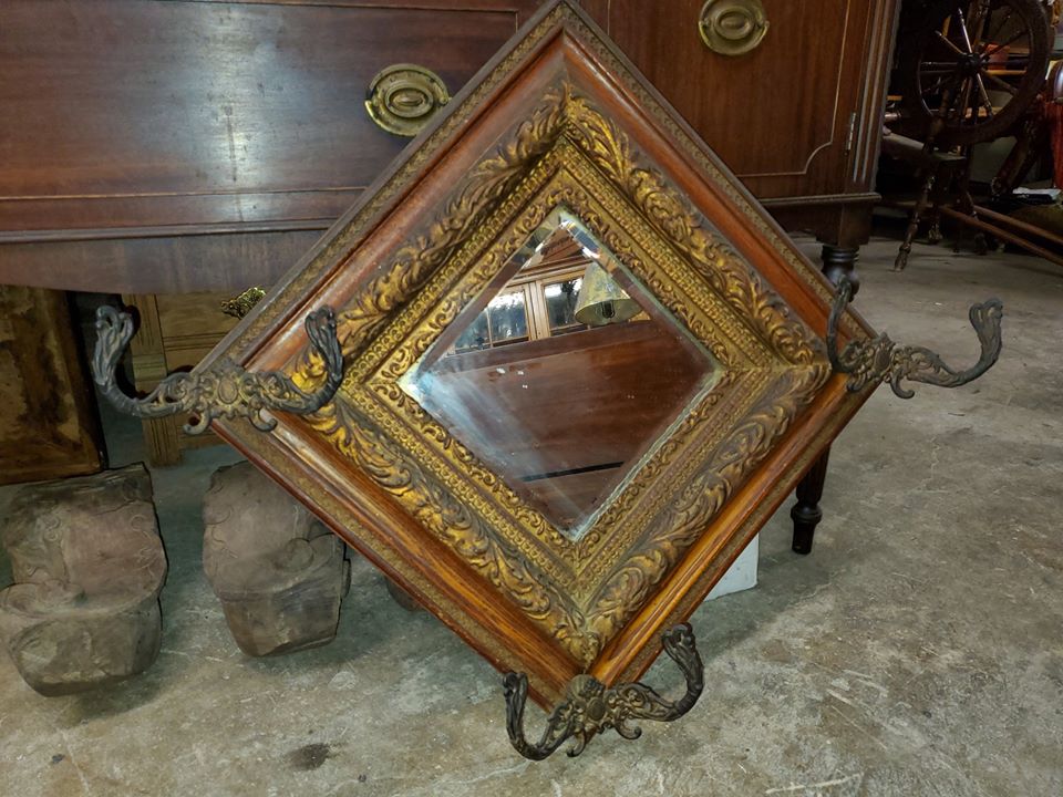 Antique Hall Mirror with Coat and Hat Hooks Long Valley Traders