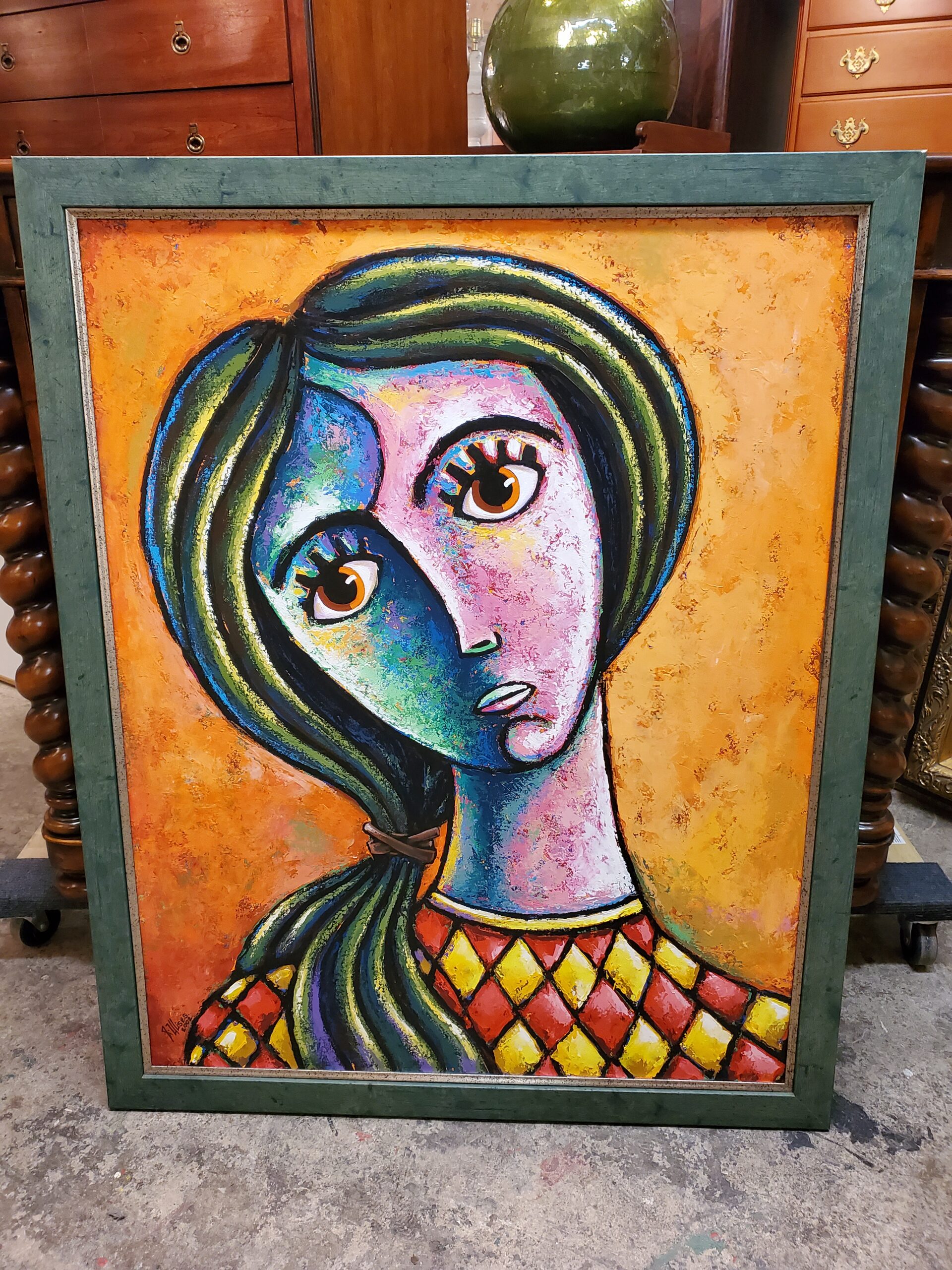 Large Oil Painting Colorful Girl Original Cuban Artist Fantastic