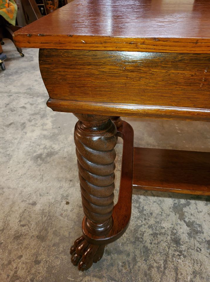 Antique Oak Library Table / Writing Desk Claw Feet Beautiful Long