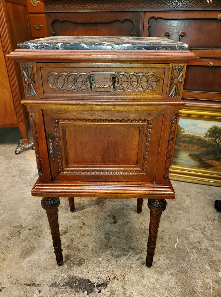 Antique Carved Walnut Marble Top Side Table Drawer
