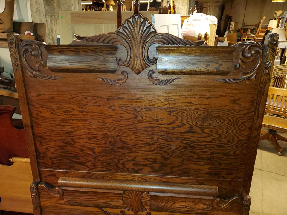 Antique Full Size Oak High Back Bed with Carvings Beautiful Long