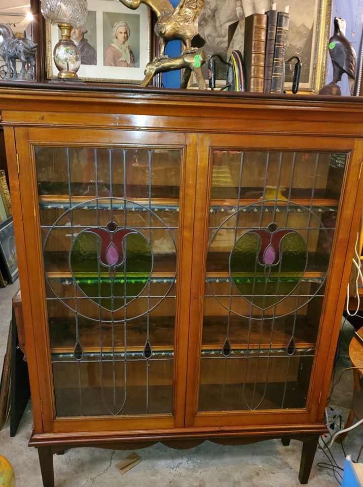 Antique Mahogany Art Deco Bookcase tulip Stained Glass Doors Long
