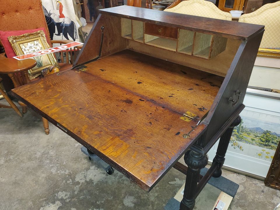 Antique Oak Desk Hand Carved Jacobean Slant front Desk Long Valley