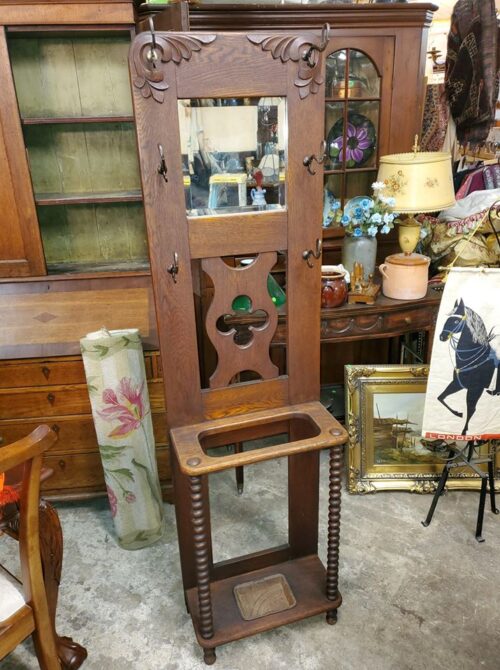 Small Antique Oak Hall Tree w/ Umbrella Cane Stand Beautiful Long