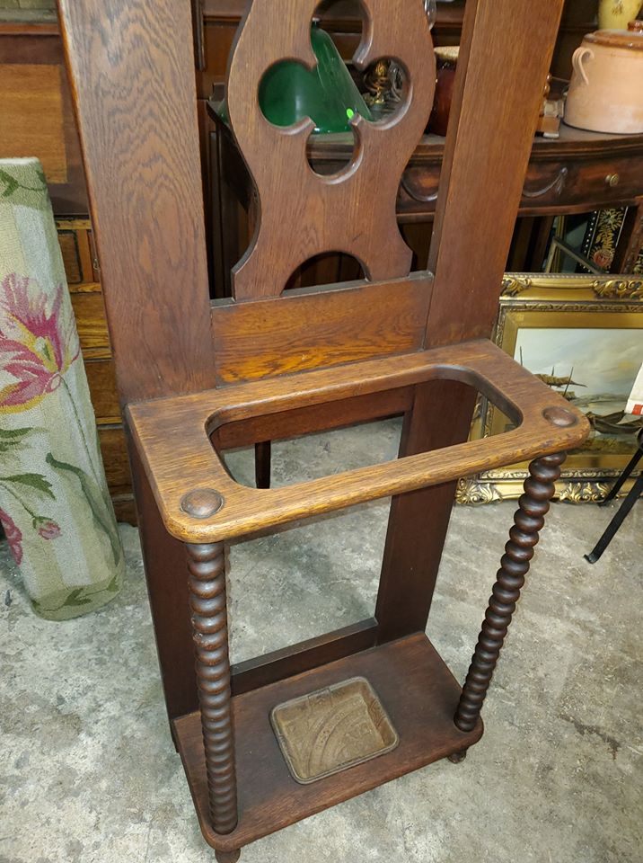 Small Antique Oak Hall Tree w/ Umbrella Cane Stand Beautiful Long