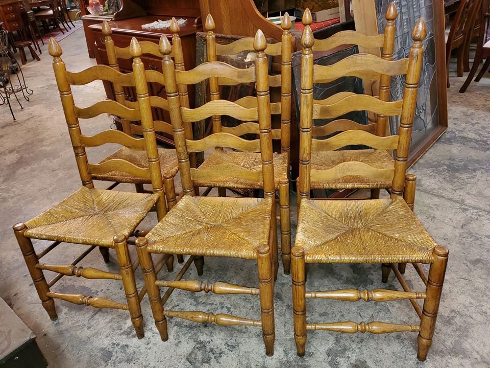 6 Antique Ladder Back Oak Chairs Rush, Vintage Wooden Ladder Back Chairs