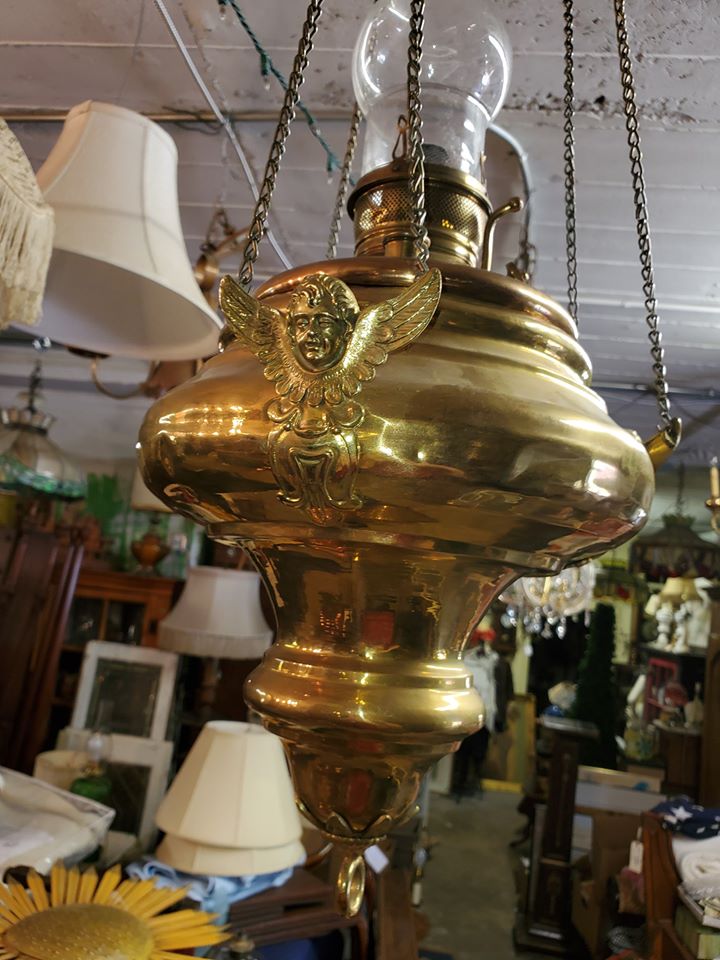 Beautiful Brass Hanging Oil Lamp w/ Cherubs Hand Made Beautiful