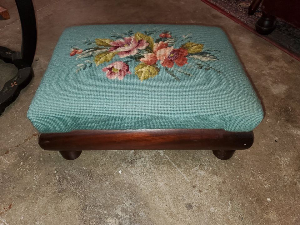 Antique French Victorian Green Floral Needlepoint Oval Mahogany Small  Footstool