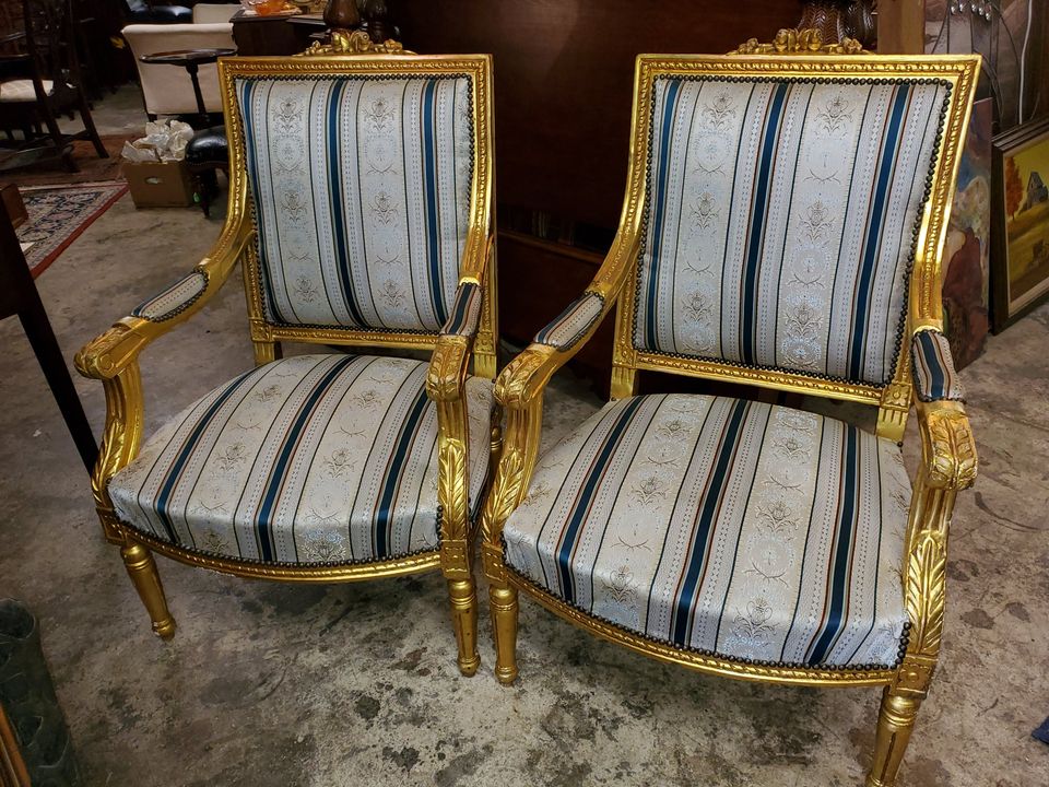 2 Vintage Parlor Chairs - Gold Frame - Nice Fabric - Excellent