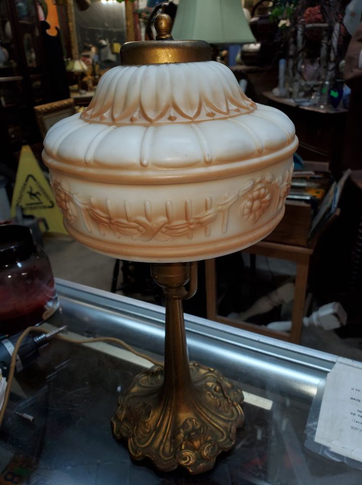 Vintage Antique Vanity Table Lamp w/ Glass Shade Nice Long Valley