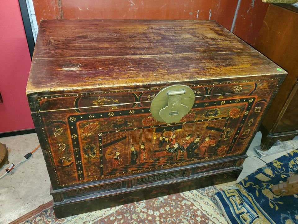 Antique Chinese Trunk / Chest Hand Painted Well Made wood Chest Long Valley Traders