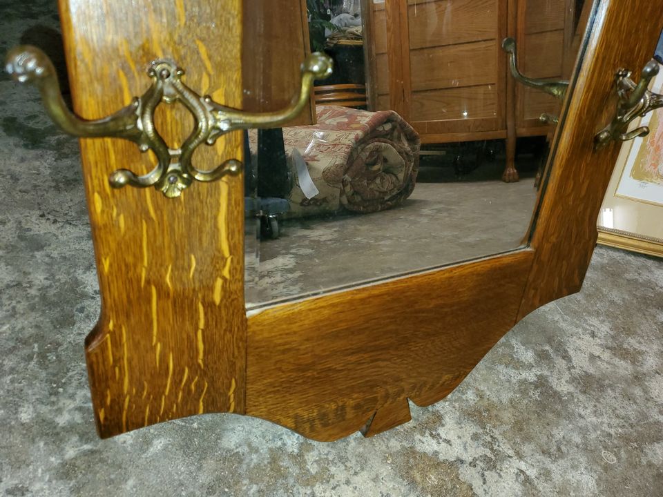 Antique Oak Mirror Coat Hooks / Hat Rack Beautiful Vintage Entry