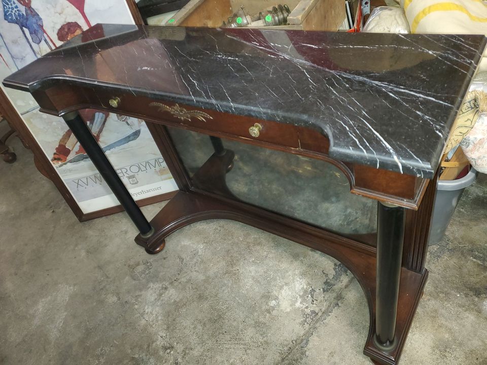 Antique Marble Top Entry Way Hall Table Mahogany with Drawer Long
