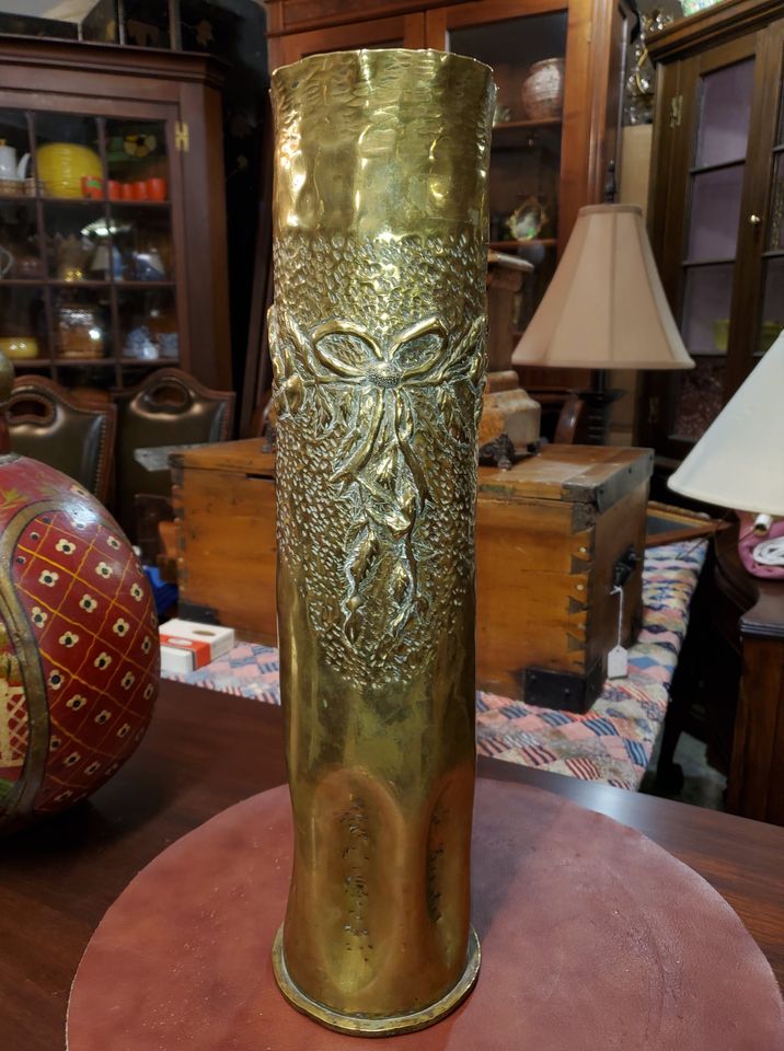 Antique Brass Cylinder Vase Hand Tooled Hammered Trench Art Art Deco Look