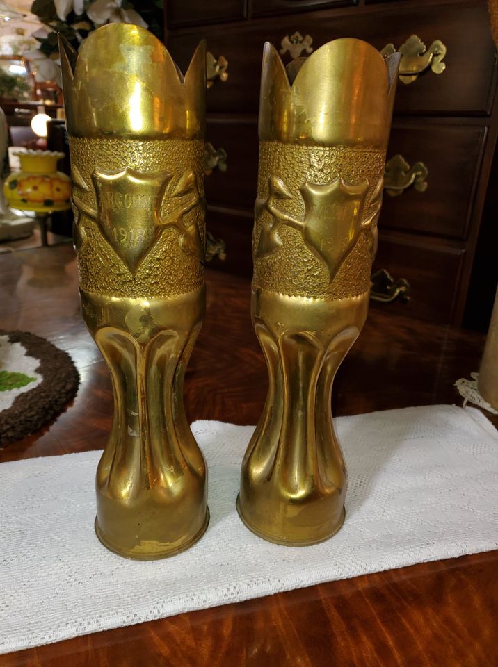 2 WWI Trench Art Vases Artillery Shells 1918 Hand Made Long