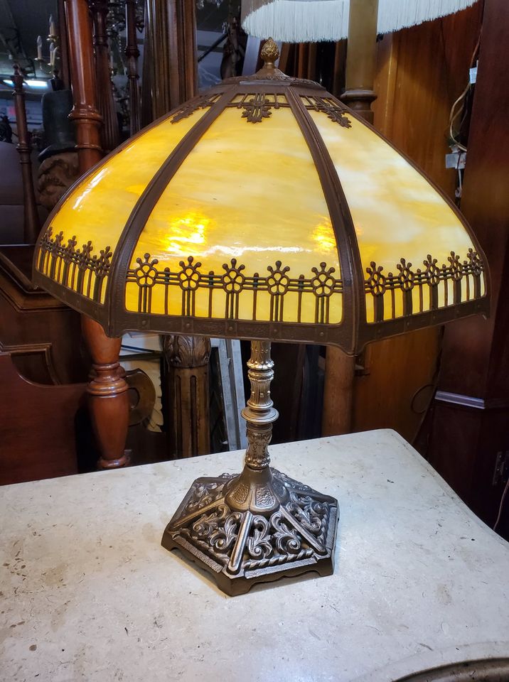 Antique Art Nouveau M Brothers Slag, Bronze Stained Glass Table Lamp Parts