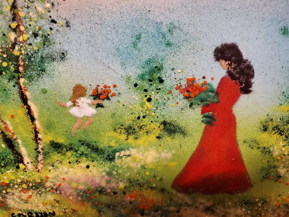 Original Louis Cardin 1970's enamel on copper Framed painting Long