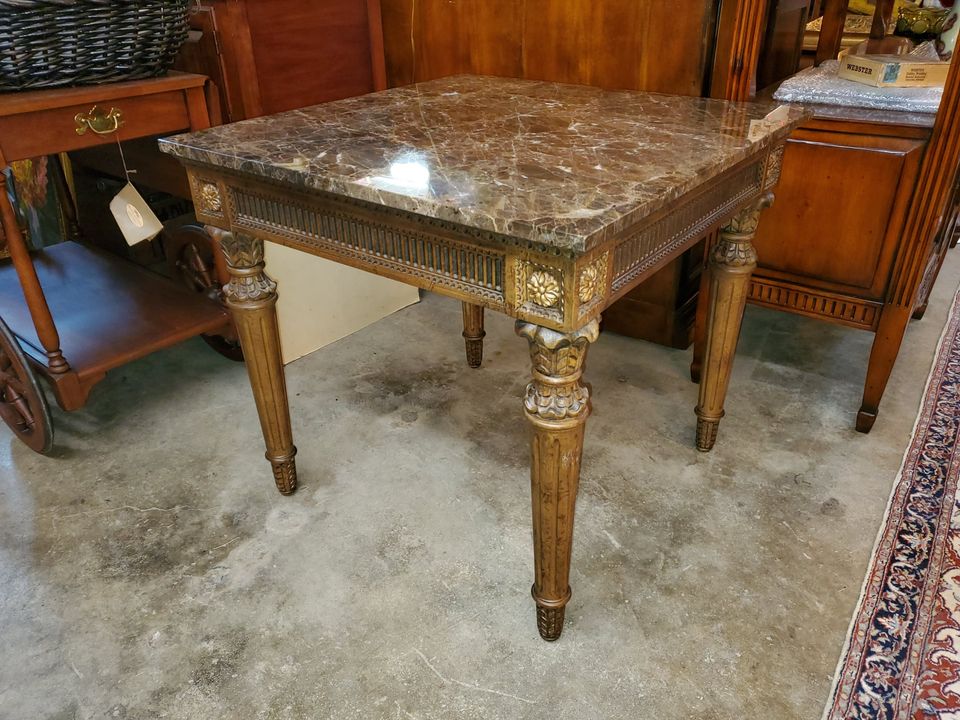 Italian Marble Top Large Side Table / Accent Table Elegant Carved Wood Very Nice! Long