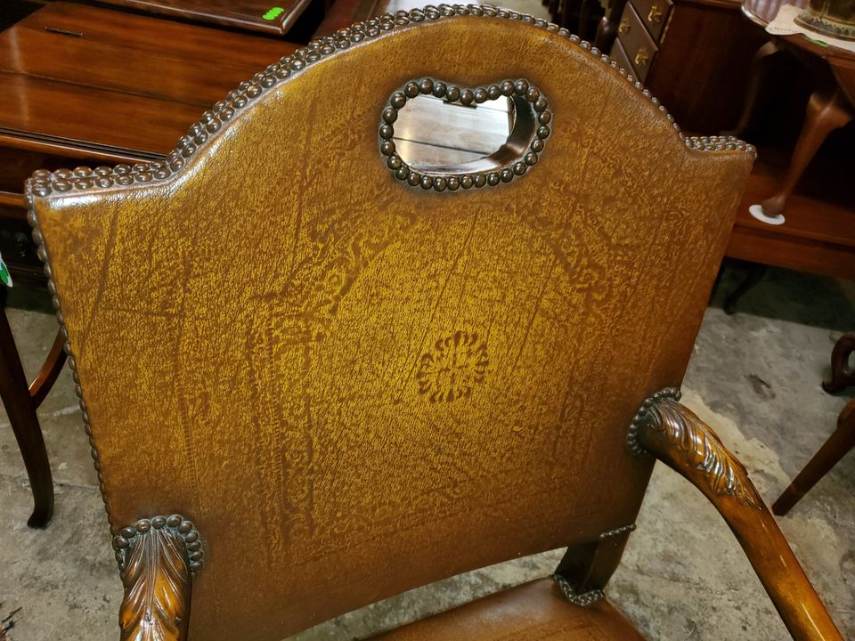 Theodore Alexander Leather Arm Chair Mahogany Carved Wood Frame