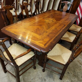 Theodore Alexander Farm Table with Mixed Woods - 8 Mahogany Rush Seat dining chairs