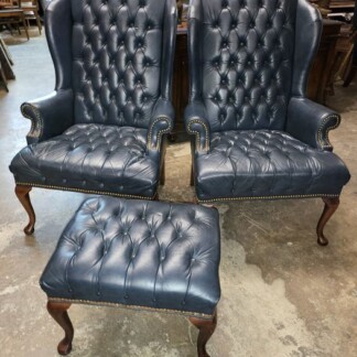 2 Blue Leather Tufted Wing Back Chairs and one ottoman - NICE!