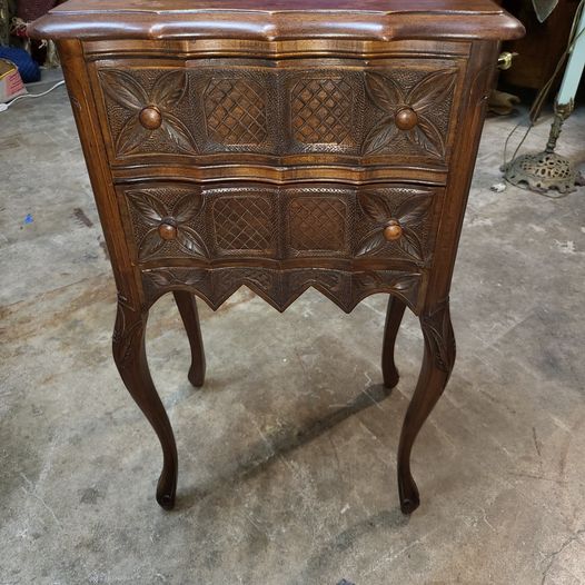 Small Side table Carved Front with 2 Drawers Tall Bedside Table