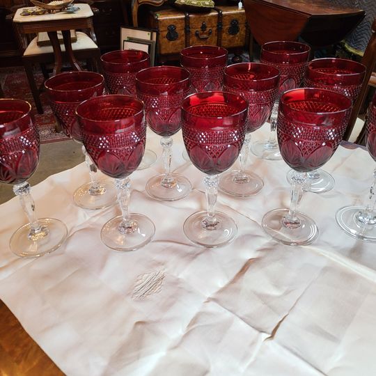 6 Vintage Etched with Ruby Red Foot Wine Glasses, circa 1950, 5 oz Wine  glasses ~ Dessert Wine ~ After Dinner Drink Glasses