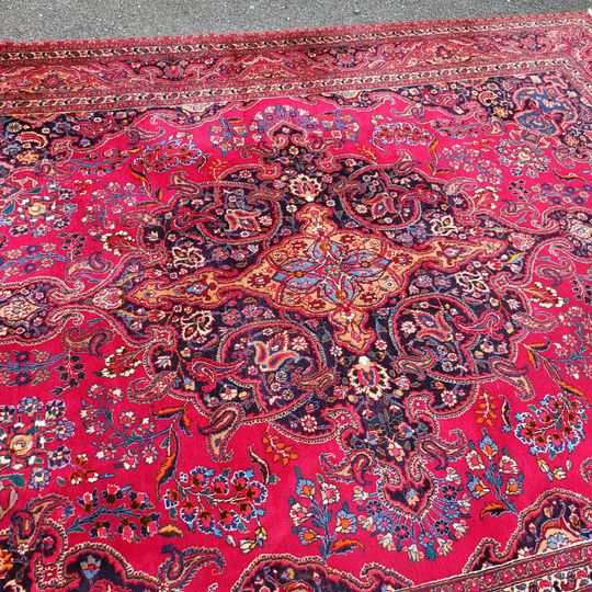 Large Area rug 11 x 8.5 Hand Made Red and Blue Mashed Long