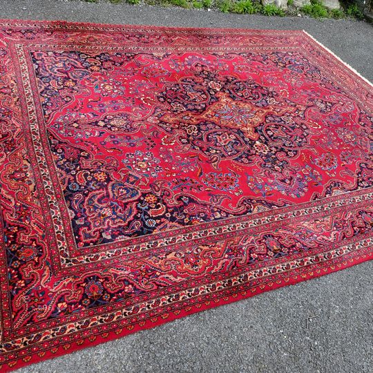 Large Area rug 11 x 8.5 Hand Made Red and Blue Mashed Long
