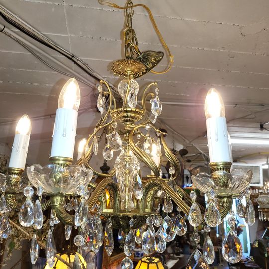 1920's Antique Brass & Crystal Chandelier - Beautiful! - Long Valley Traders
