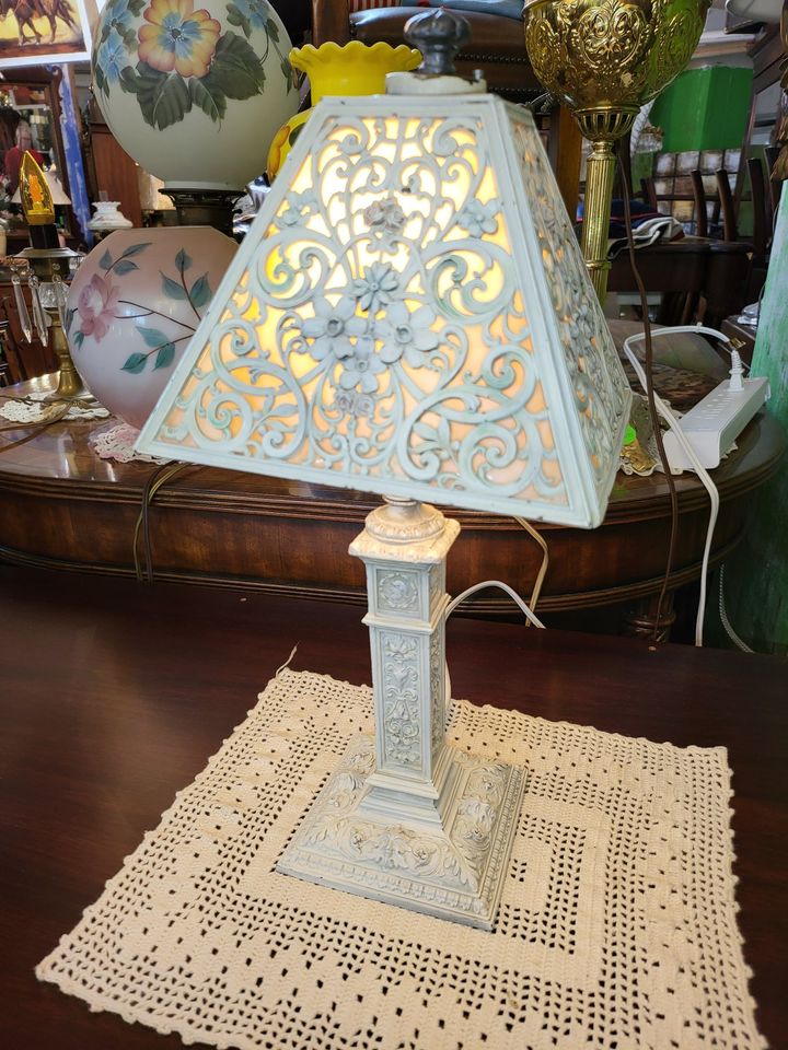 Antique Vintage Vanity Table Lamp Iron and stained Glass Long