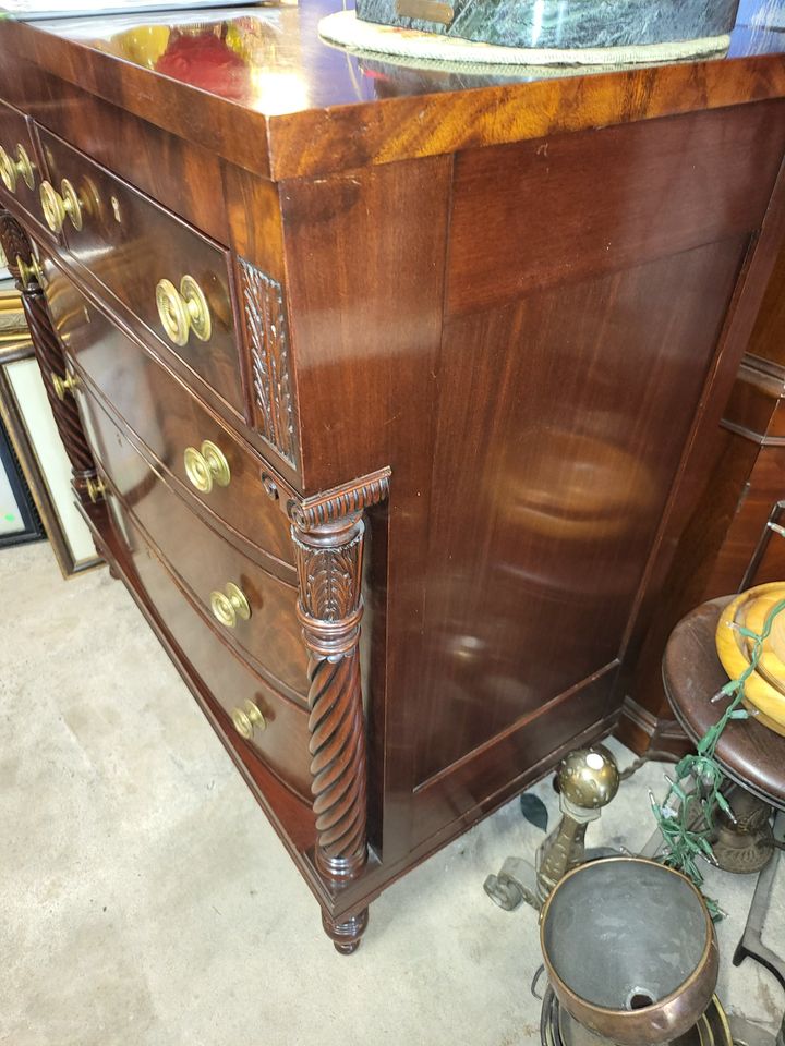 Flame Mahogany Empire Style Dresser w/ Beautiful Carved Details Long