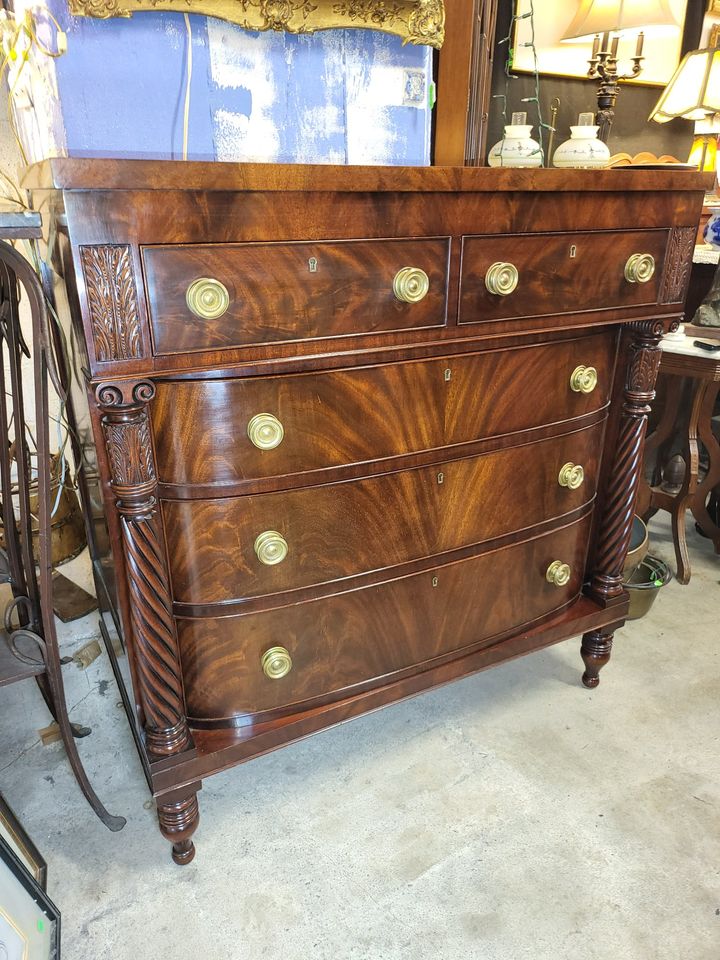 Flame Mahogany Empire Style Dresser w/ Beautiful Carved Details Long
