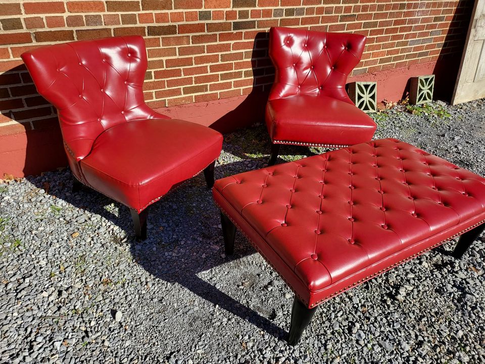 2 Red Leather Club Chairs w/ one Ottoman Long Valley Traders