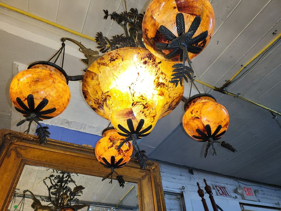 NEW large Maitland Smith Large Chandelier Bronze / Penshell Shades ...