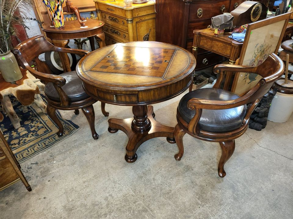 Maitland Smith Mahogany and Leather Game Table w/ 2 Swivel Chairs