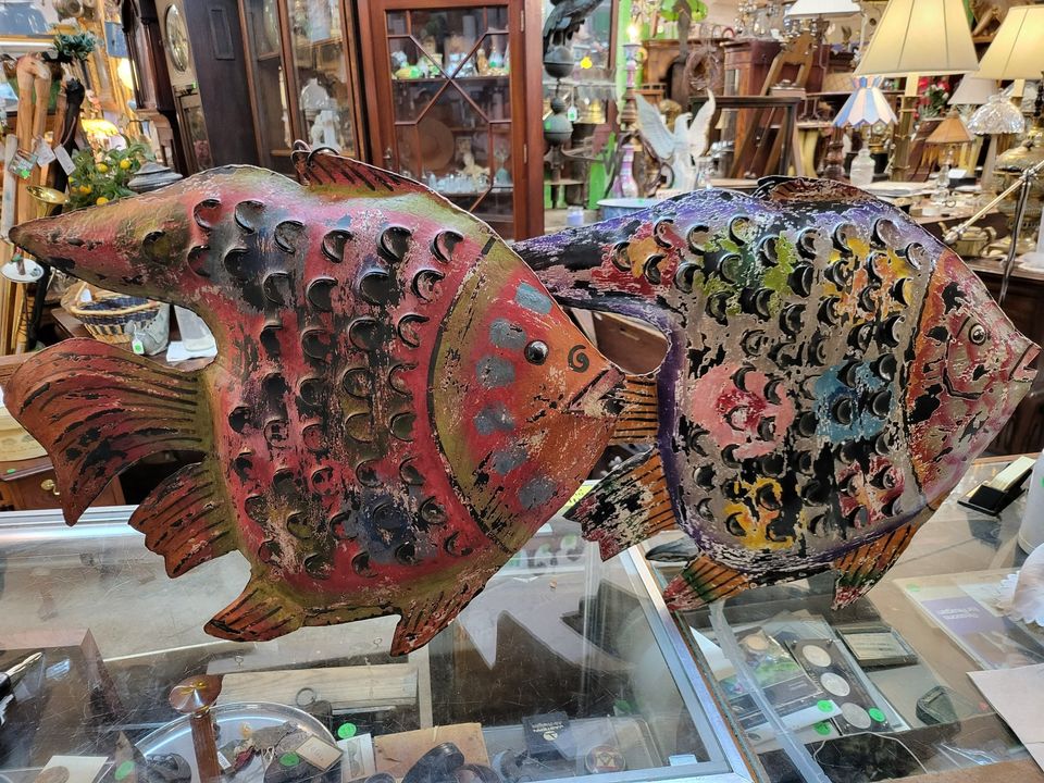 2 Large Metal Hanging Fish Candle Holders Hand Crafted Long Valley Traders