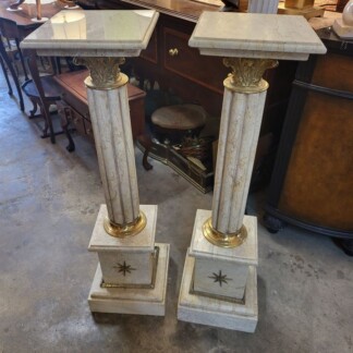 2 Marble Pedestals / Plant Stands with Brass Details