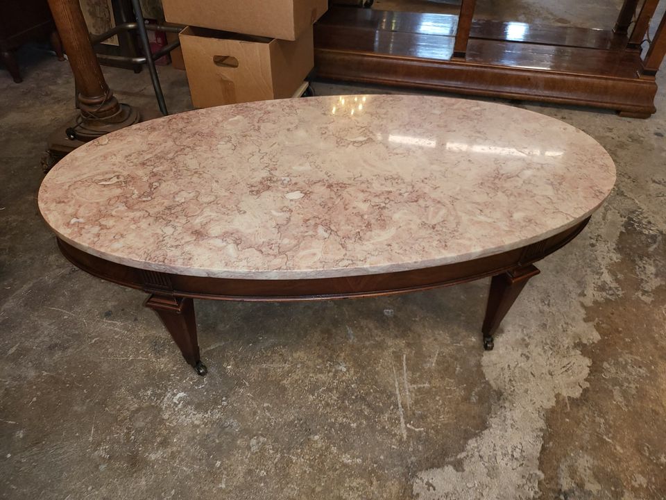 Antique Oval Marble Top Coffee Table with Mahogany Base Long Valley