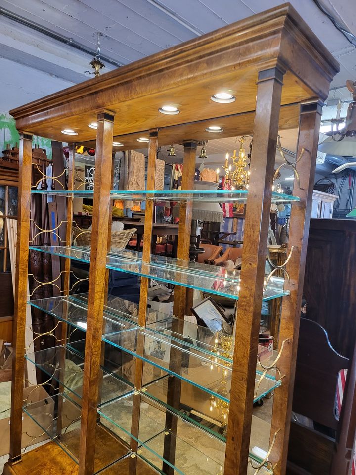 Henredon Large Bookcase Display Case - Burl Walnut and Glass Shelves ...