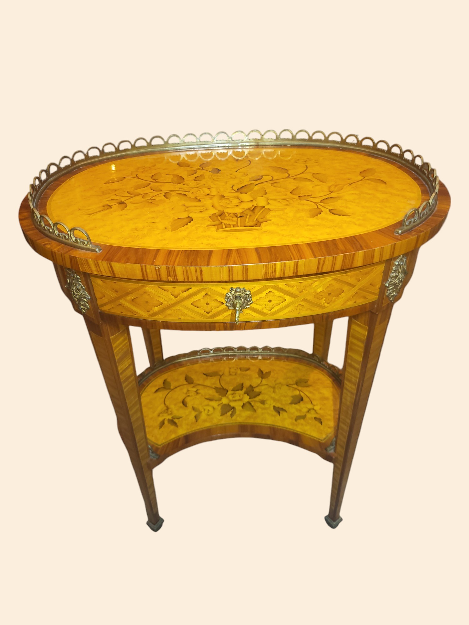 Vintage Oval Maitland Smith Flower Design End Side Table Long 
