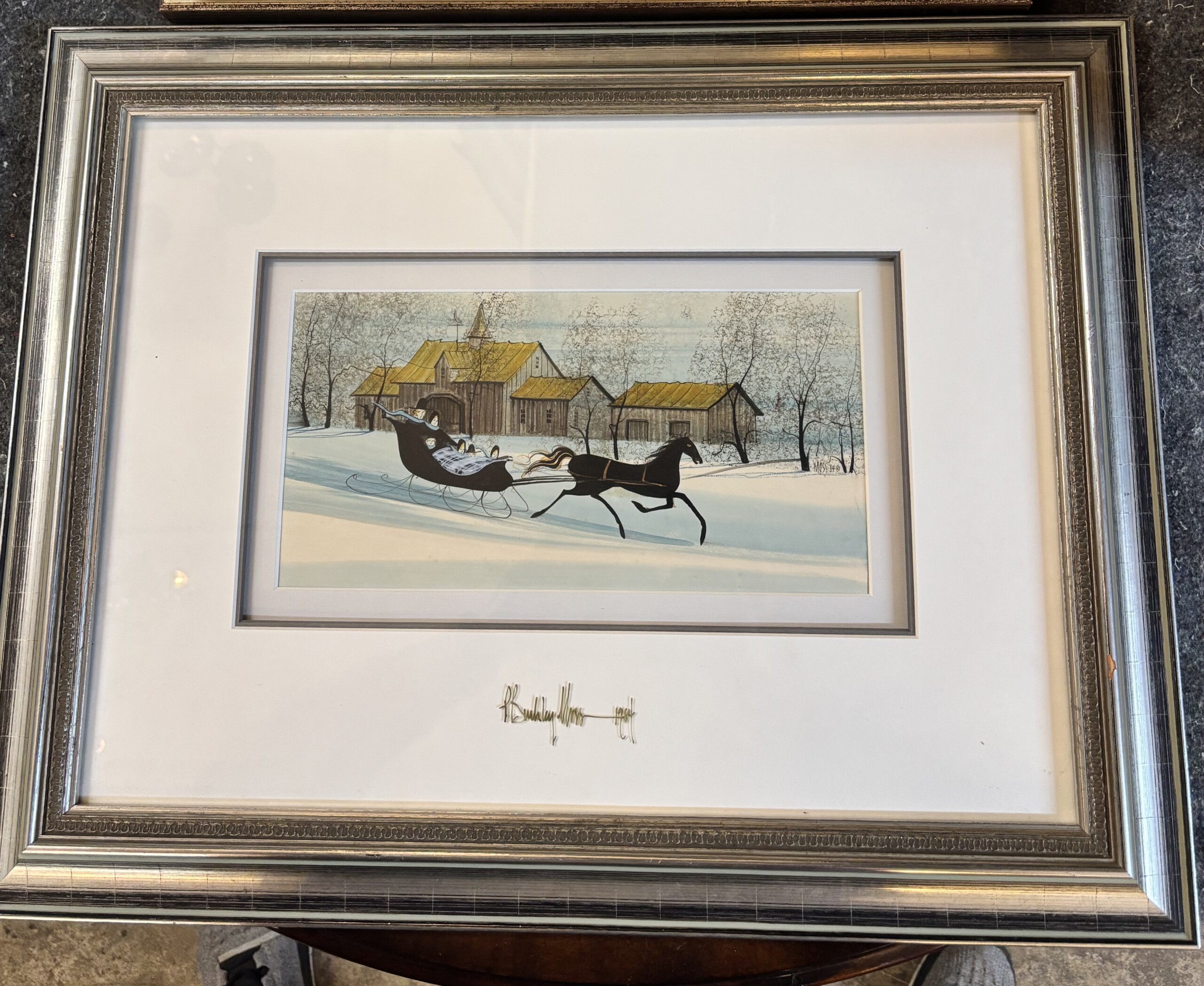 Signed P. Buckley Moss Original Watercolor Winter Scene Sleigh